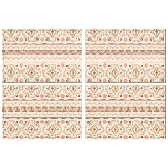 Boho Vintage Flax Placemats Set of 4, 12x18 Inch Tribal Rustic Artistic Style Table Mats, Washable Classic Ethnic Decor for Earthy Kitchen or Dining Room Use