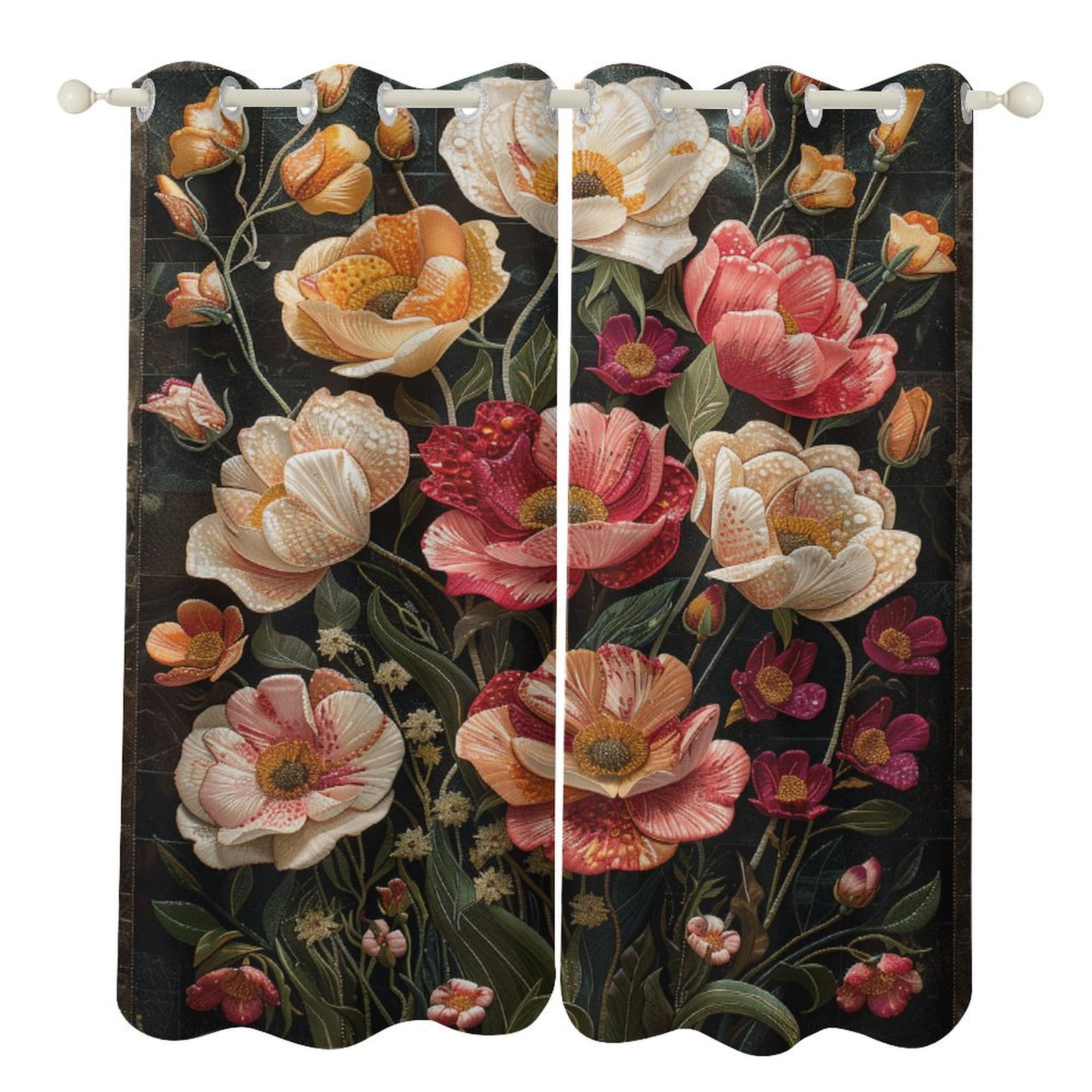 Boho Vintage Floral 2 Panel Curtain Set, Watercolor Painting Window ...