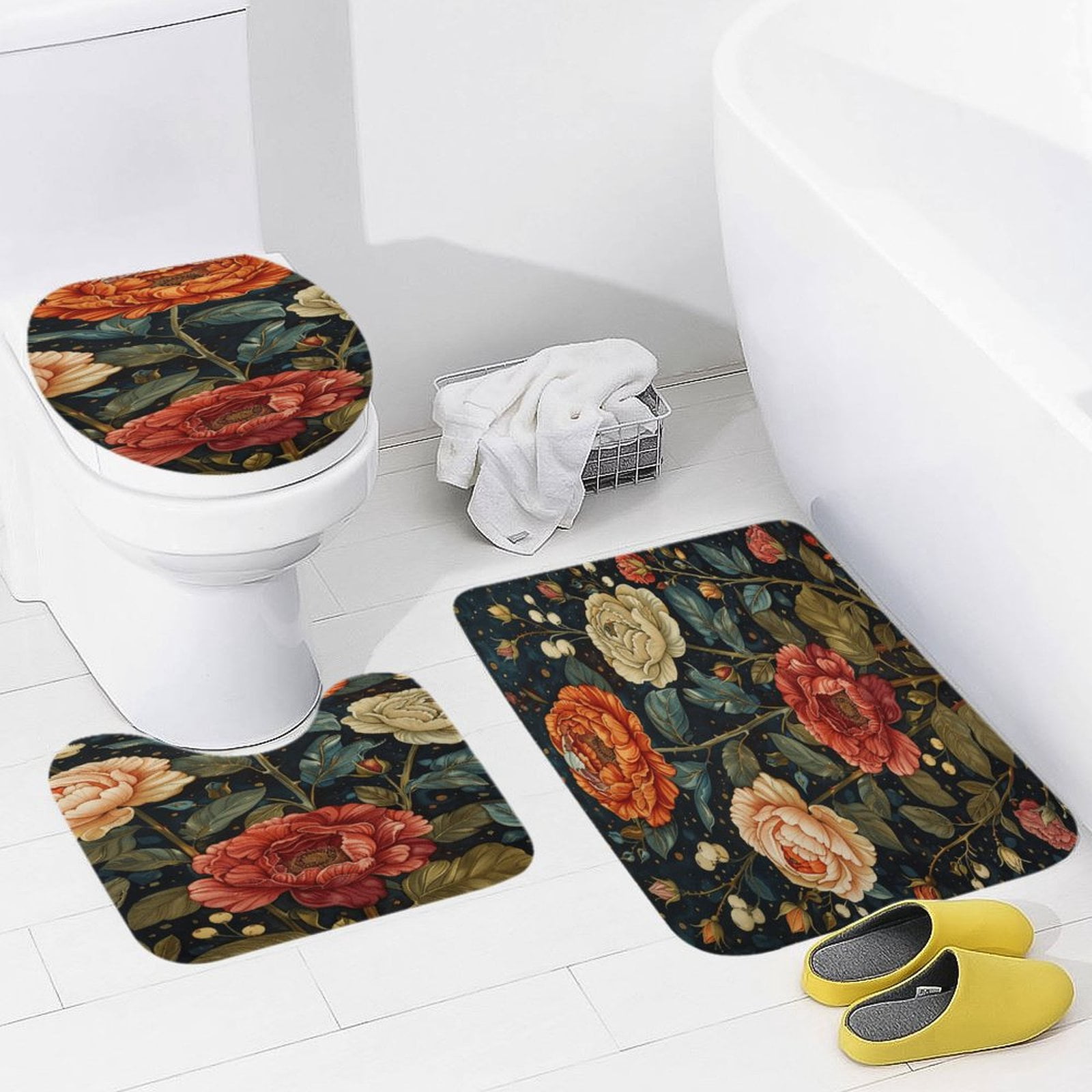 HUGS IDEA Purple Floral Bath Mat Set - 3 Piece Soft Flannel Bathroom Rug & Toilet Lid Cover