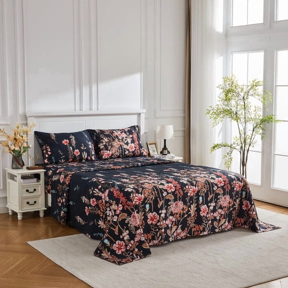 Boho Vintage Floral Bed Sheet Set - Soft Brushed Deep Pocket Bedding - Wrinkle Free & Cooling - Twin/Queen/King
