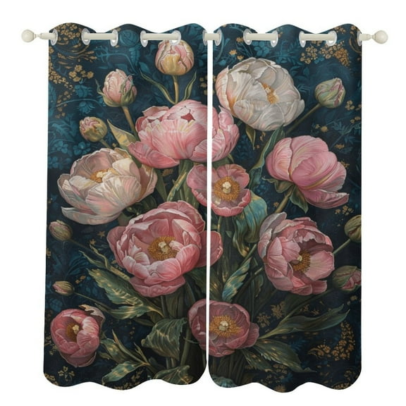 Boho Vintage Floral Blackout Curtains, Watercolor Pattern Window Treatment Grommet Curtains for Bedroom Thermal Insulated Window Curtains for Living Room 2 Panel Set
