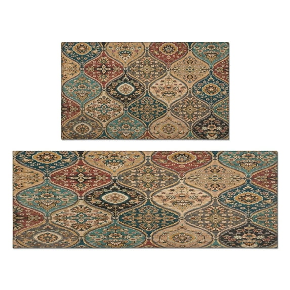 Boho Vintage Floral Kitchen Rugs, Set of 2 Non-Skid & Washable Kitchen Runner Mats Decoration Kitchen Runner Rug for Door & Sink Mats Retro Farmhouse Mat