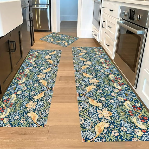 Boho Vintage Floral Kitchen Rugs Sets of 3,Non Slip Rubber Kitchen Mats for Floor Flower Bird Pattern Washable Kitchen Area Rugs Floor Carpet Runners for Hallway Laundry Room,Blue