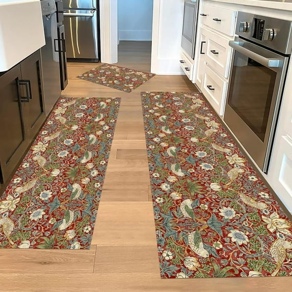 Boho Vintage Floral Kitchen Rugs Sets of 3,Non Slip Rubber Kitchen Mats for Floor Flower Bird Pattern Washable Kitchen Area Rugs Floor Carpet Runners for Hallway Laundry Room,Red