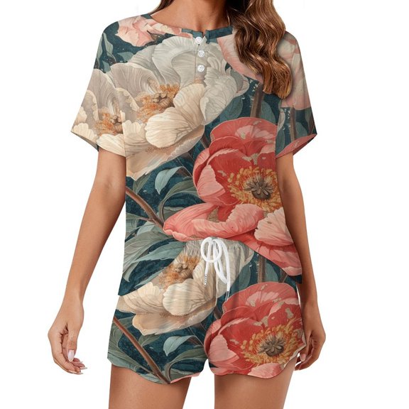 Boho Vintage Floral Pajama Set for Women 2 Piece Sleepwear Loungewear Short Sleeve