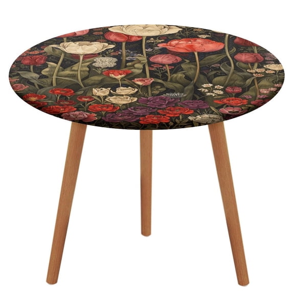 Boho Vintage Floral Round Fitted Tablecloth with Backing Elastic Edge Design Table Cover Waterproof Oil-Proof Table Cloth Stain-Resistant Wipeable for Round Table