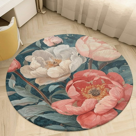 Boho Vintage Floral Round Rugs -Washable Non-Slip Small Round Area Rug Throw Soft Circle Rugs for Bedroom, Modern Print Indoor Carpet for Entryway Sofa Living Room
