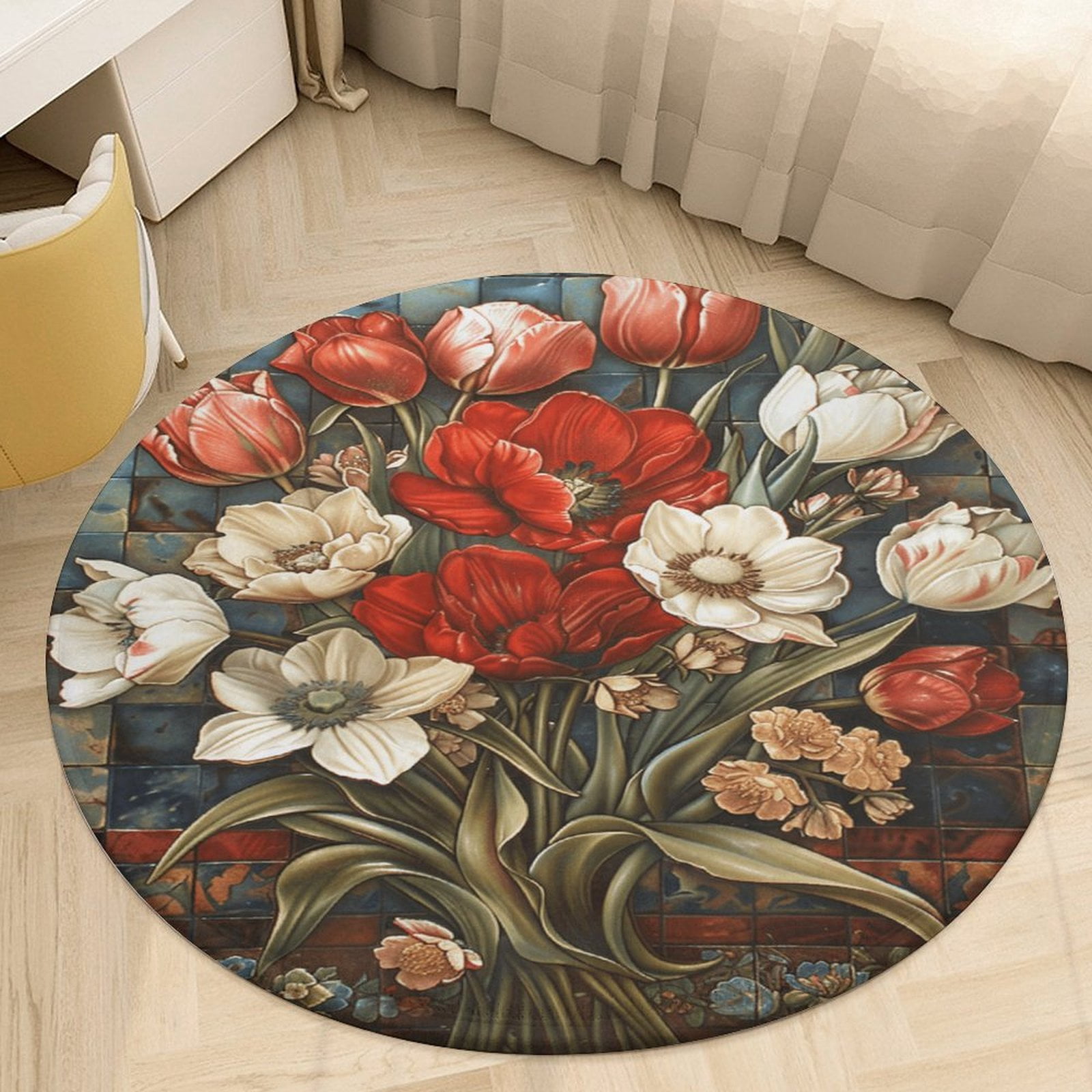 Small Rugs Roll Boho Vintage Floral Round Rugs -Washable Non-Slip Small Round Area Rug ...