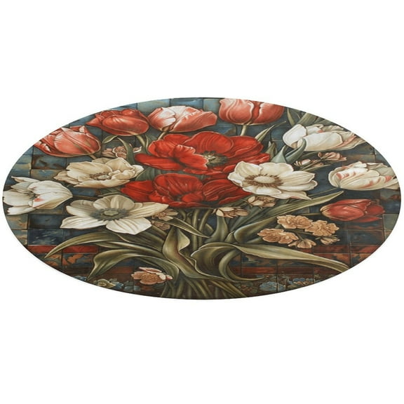 Boho Vintage Floral Round Rugs -Washable Non-Slip Small Round Area Rug Throw Soft Circle Rugs for Bedroom, Modern Print Indoor Carpet for Entryway Sofa Living Room