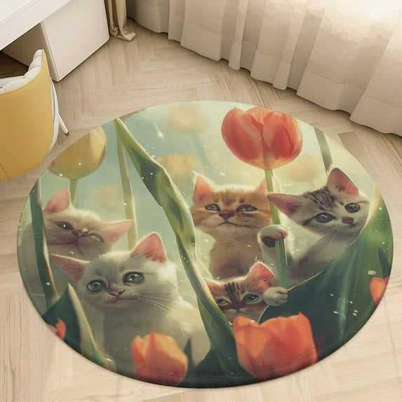 Boho Vintage Floral Round Small Area Rug, Print Non Slip Washable Floor Mat, Soft Throw Rug for Living Room, Powder Room Entryway, Bathroom, Bedside