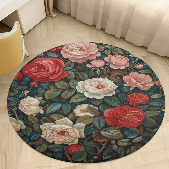 Boho Vintage Floral Round Small Area Rug, Print Non Slip Washable Floor Mat, Soft Throw Rug for Living Room, Powder Room Entryway, Bathroom, Bedside