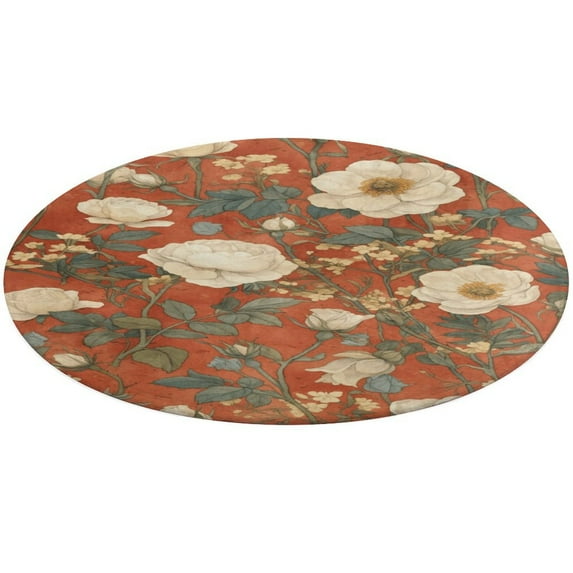 Boho Vintage Floral Round Small Area Rug, Print Non Slip Washable Floor Mat, Soft Throw Rug for Living Room, Powder Room Entryway, Bathroom, Bedside