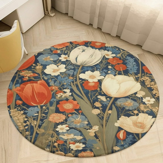 Boho Vintage Floral Round Small Area Rug, Print Non Slip Washable Floor Mat, Soft Throw Rug for Living Room, Powder Room Entryway, Bathroom, Bedside