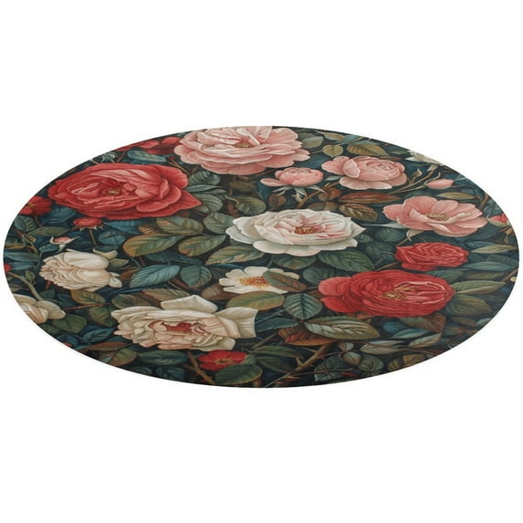 Boho Vintage Floral Round Small Area Rug, Print Non Slip Washable Floor Mat, Soft Throw Rug for Living Room, Powder Room Entryway, Bathroom, Bedside