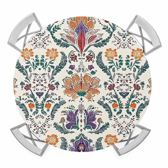 Boho Vintage Floral Round Table Cover, Peony Leaf Bud Vintage Ethnic Style Waterproof Fitted Tablecloths for 55"-60" Tables, Washable Picnic Table Cover for Camping Dining Indoor Outdoor