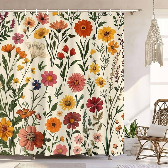 Boho Vintage Floral Shower Curtain, Rustic Colorful Wildflower Botanical Flower Shower Curtain for Bathroom, Beige Retro Flowers Prints Bath Curtain Bathtub Decor with Hooks, 69X70IN