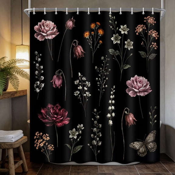 Boho Vintage Floral Shower Curtain with Hooks, Beige Cottagecore Flower Bathroom Curtain, Farmhouse Country Waterproof Fabric Decor