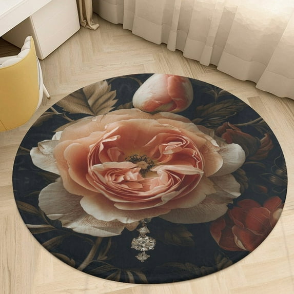 Boho Vintage Floral Soft Bedroom Round Area Rug, Washable Cute Nursery Circle Throw Mat, Non-Slip Contemporary Small Low Pile Floor Carpet for Dorm Bedside