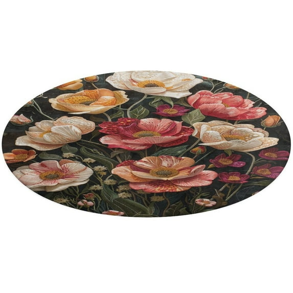 Boho Vintage Floral Washable Round Rug -Circle Area Rugs for Nursery Bedroom, Vintage Non Slip Non Shedding Low Pile Carpet for Living Room Coffee Table Entryway