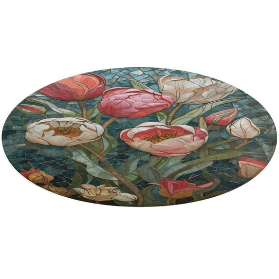 Boho Vintage Floral Washable Round Rug -Circle Area Rugs for Nursery Bedroom, Vintage Non Slip Non Shedding Low Pile Carpet for Living Room Coffee Table Entryway