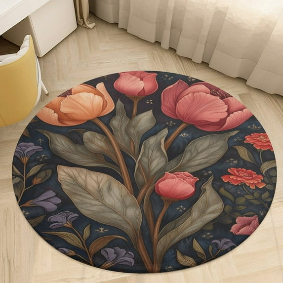 Boho Vintage Floral Washable Round Rug -Circle Area Rugs for Nursery Bedroom, Vintage Non Slip Non Shedding Low Pile Carpet for Living Room Coffee Table Entryway