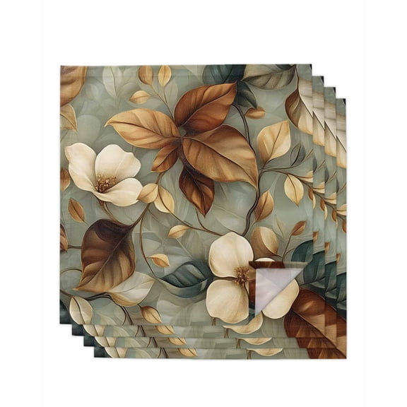 Boho Vintage Flower Cloth Napkins Set of 4 Reusable Dinner Napkins, Farmhouse Botanical Floral Leaf Cocktail Napkin Washable Table Napkins for Wedding/Holiday Party/Baby Shower 20"x20"