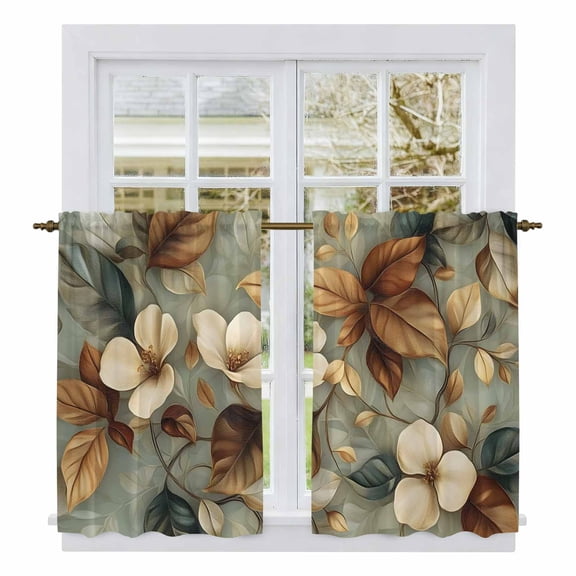 Boho Vintage Flower Kitchen Curtains, Farmhouse Botanical Floral Leaf Light Filtering Window Curtain Panels, 2Pcs Rod Pocket Window Treatments Set for Cabin Bathroom Bedroom 52x45 Inches