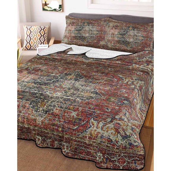 Boho Vintage Full Size Down Alternative Comforter, Lightweight Comforter Quilt Bedding Set with Pillow Shams Retro Flowers Modern Geometric Abstract Art All Seasons Bed Comforter Duvet Insert 78"x90"
