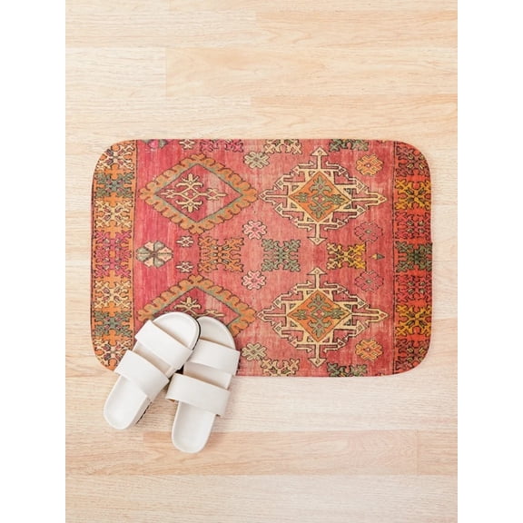 Boho Vintage Geometric Bath Mat, Moroccan Inspired Pattern Bathroom Rug, Red Rust Abstract Decor Mat, 2 Sizes
