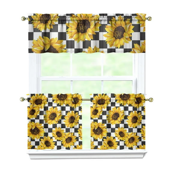 Boho Vintage Kitchen Curtains - 3 PCS Sunflower Floral Tier & Valance Set, Yellow Rustic Farmhouse Window Treatment, Rod Pocket Short Curtains