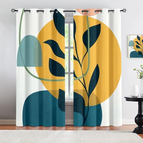 Boho Vintage Leaves 3D Print Window Curtains, Nordic Abstract Lines Blackout Curtain, Light Filtering Window Treatments Drapes For Boys Girl Bedroom Decor 21"W x 45"L (Pack of 2)