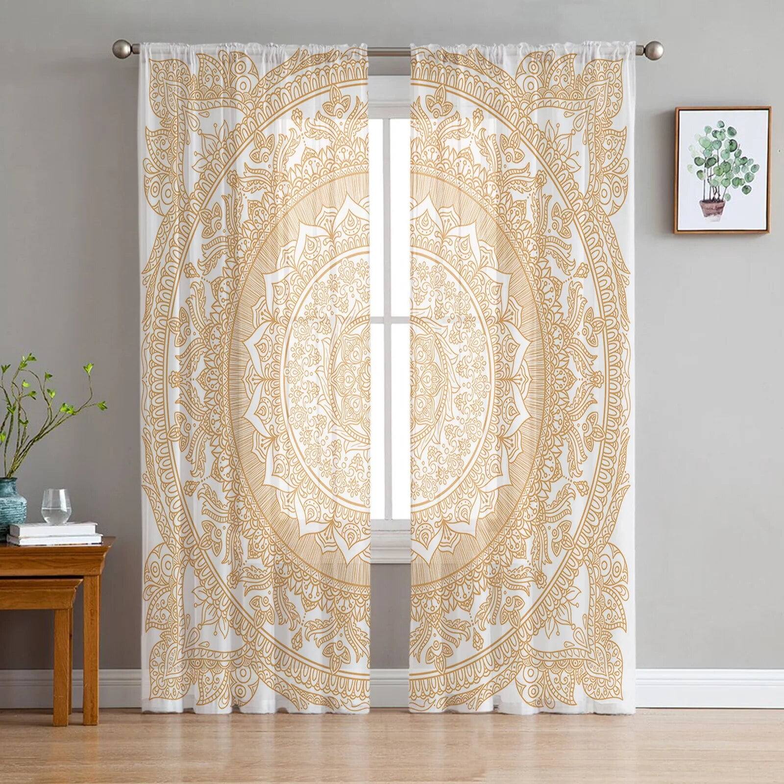 Boho Vintage Mandala Flower Window Curtains Sheer Chiffon Tulle Curtain ...