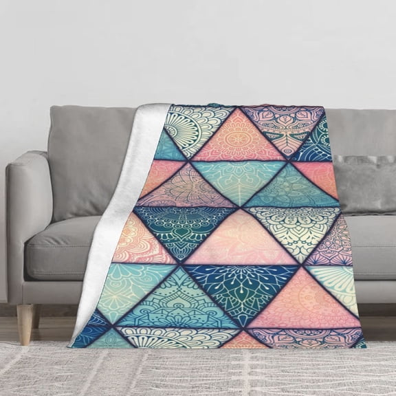 Boho Vintage Mandala Triangle Patchwork Flannel Throw Blanket, Gradient Pink Teal Blue Ornate Floral Geometric Pattern Print Soft Cozy Lightweight Blanket for Sofa Couch Bed