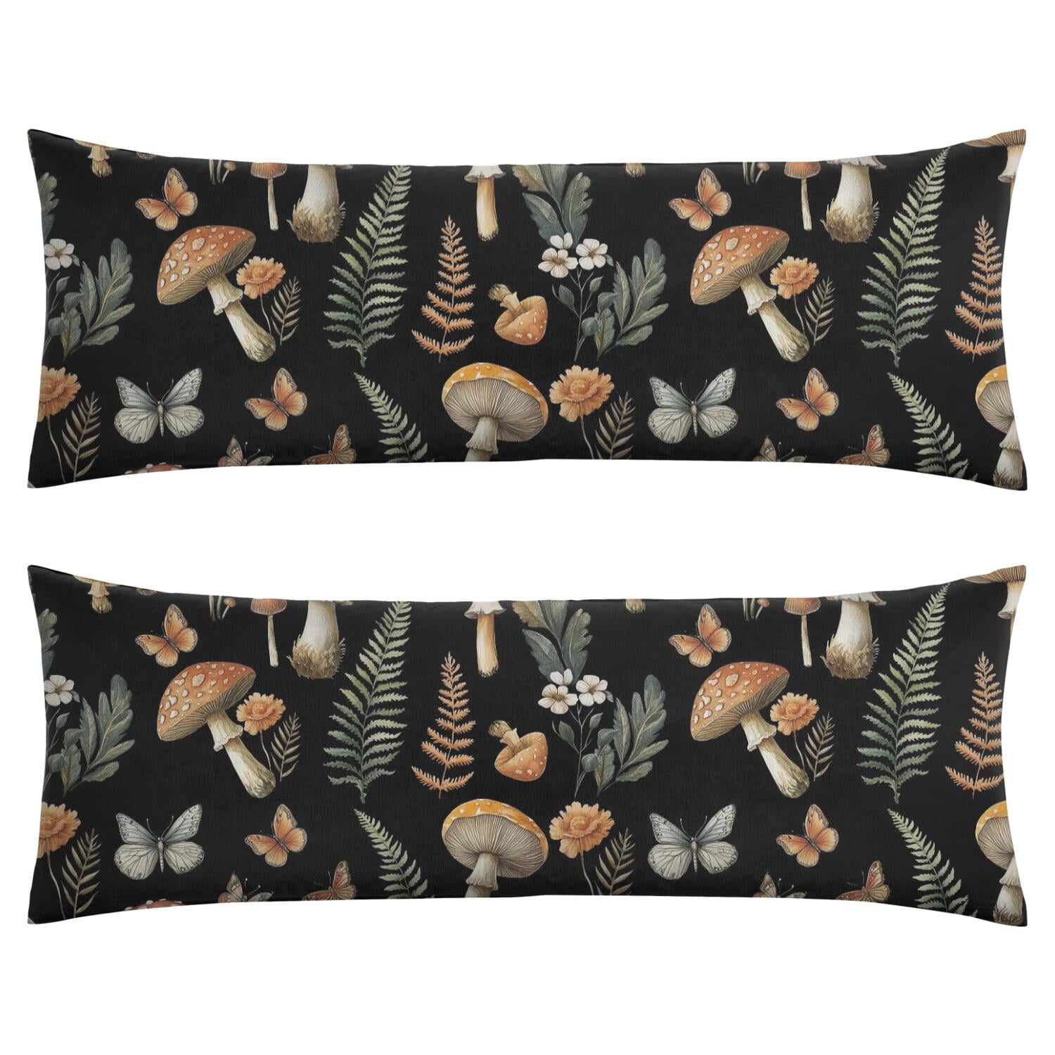 Boho Vintage Mushroom Body Pillow Cover 20x54 - Breathable & Durable - Invisible Zipper Closure - Woodland Mushroom Theme