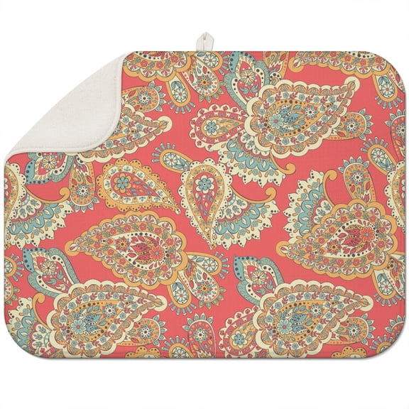 Boho Vintage Paisley Coffee Mat – Ultra Absorbent Microfiber Spill Mat, Foldable and Lightweight Dish Drying Mat for Coffee Makers and Kitchen Appliances