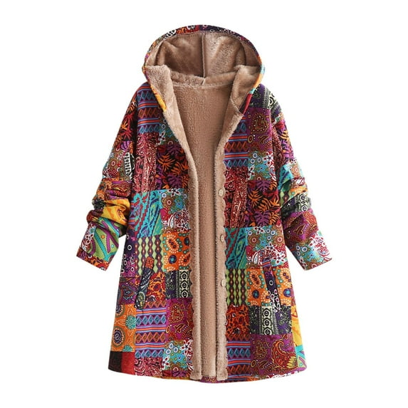 Boho Vintage Patchwork Fleece Jacket for Women Aztec Hooded Cardigan Buttton Down Ethnic Sherpa Lined Long Winter Coat