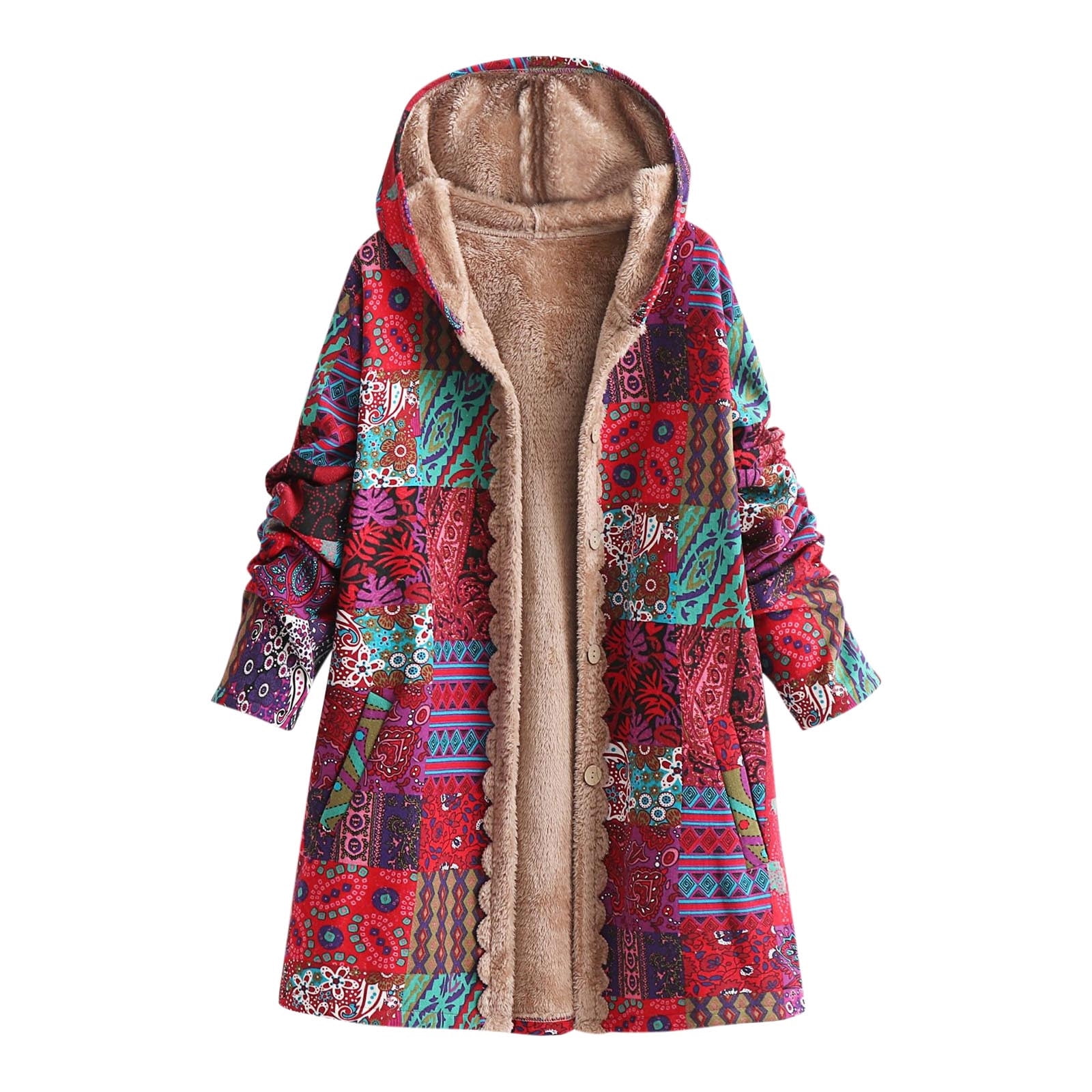 Boho Vintage Patchwork Fleece Jacket for Women Aztec Hooded