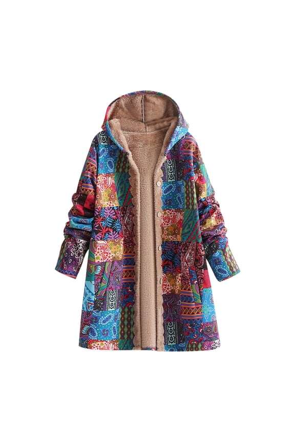Boho Vintage Patchwork Fleece Jacket for Women Aztec Hooded Cardigan Buttton Down Ethnic Sherpa Lined Long Winter Coat