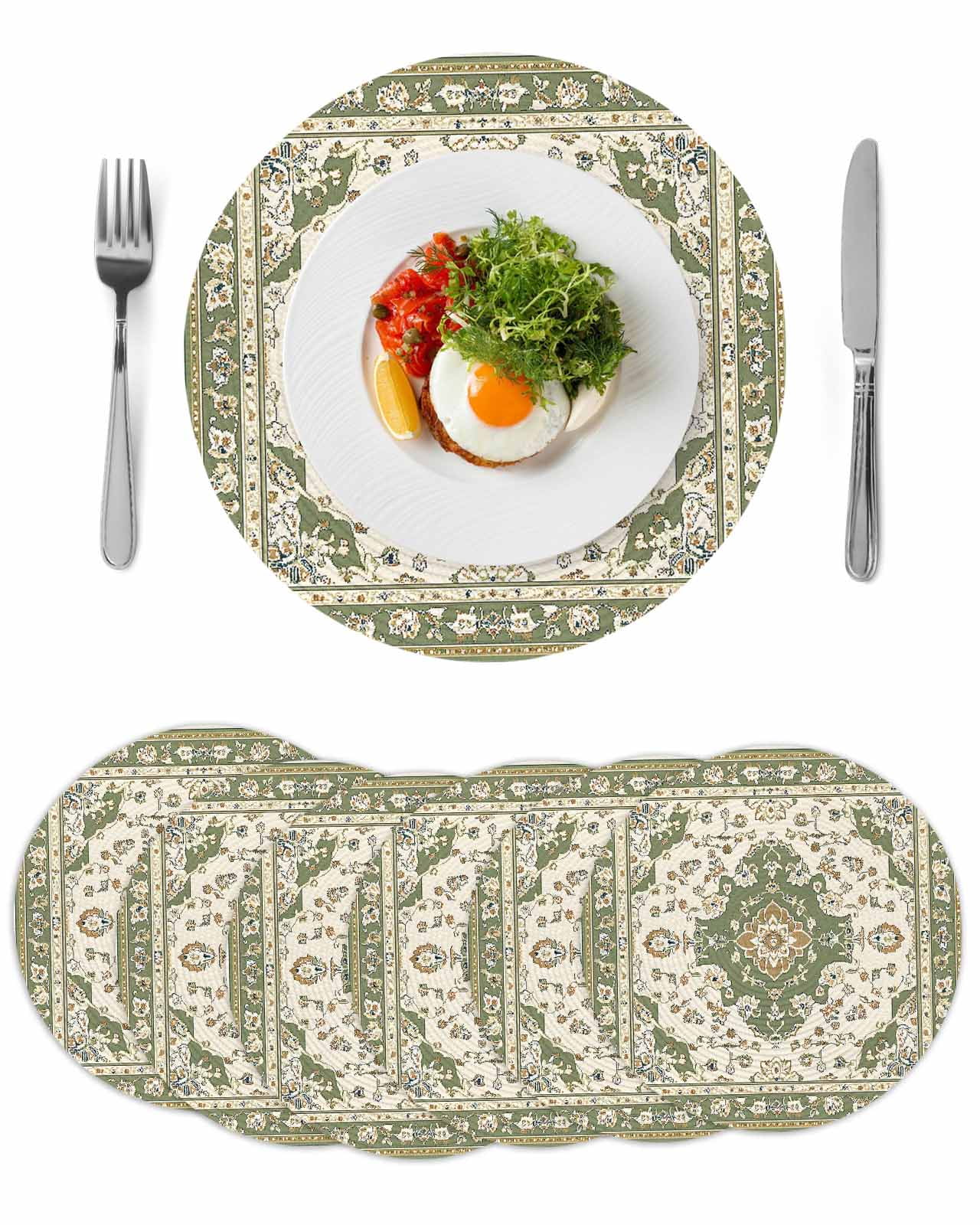Boho Vintage Round Table Placemats set of 6, Ethnic Tribal Floral Pattern Washable Woven Place Mats for Dining Tables Kitchen Party Decor,Heat Proof, 15in, Green Beige
