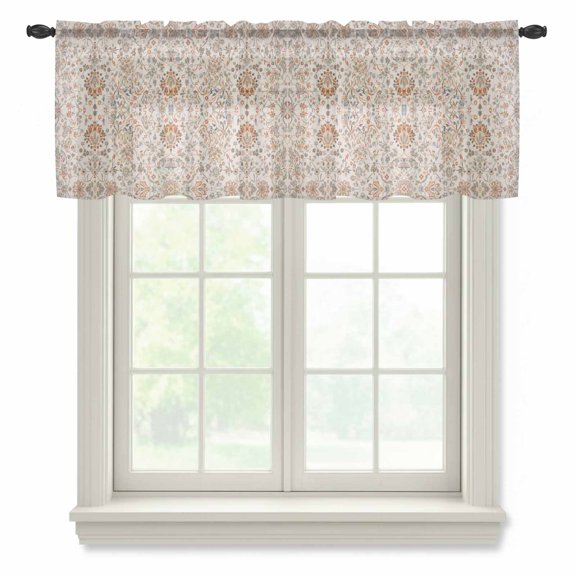 Boho Vintage Semi Sheer Valance Curtains Tribal Style Flowers Voile Valances Curtain Rod Pocket Small Window Treatment for Kitchen Bathroom Cafe 60"x18"