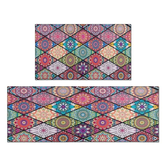 Boho Vintage Square Pattern Kitchen Rugs and Mats Sets Of 2,Kitchen Decoration Rugs,Rubber Backing Non-Slip Floor Mat for Sink Washable Waterproof Laundry Room Runner Rugs