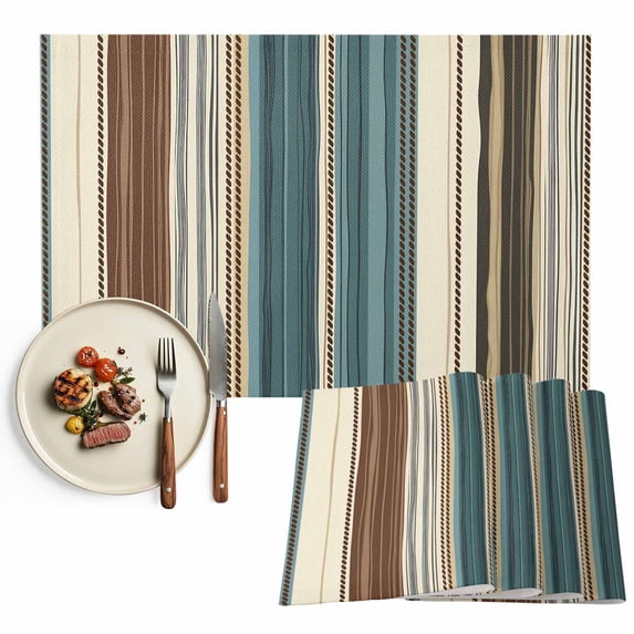 Boho Vintage Striped Placemats Set of 6, Teal Brown Beige Table Mats Washable Heat-Insulation Non-Slip Place Mats for Kitchen Dinner Table Indoor Outdoor Decor,13x19 Inch