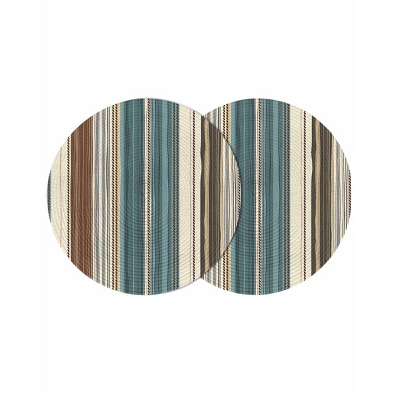 Boho Vintage Striped Round Table Placemats set of 2, Teal Brown Beige Washable Woven Place Mats for Dining Tables Kitchen Party Decor,Heat Proof, 13in,