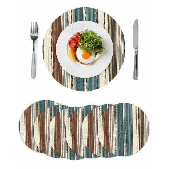 Boho Vintage Striped Round Table Placemats set of 6, Teal Brown Beige Washable Woven Place Mats for Dining Tables Kitchen Party Decor,Heat Proof, 13in,