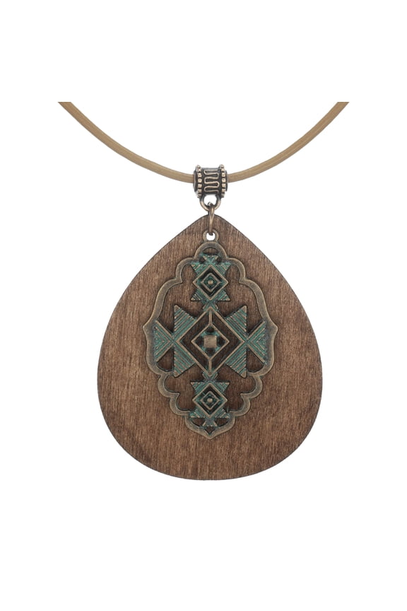 Boho Vintage Style Abstract Copper Patina and Wood with Tan Leather Cord Necklace - 16 inch