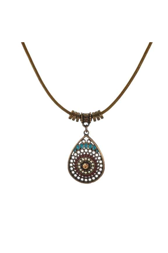Boho Vintage Style Colorful Copper Teardrop Tan Leather Cord Necklace - 18 inch