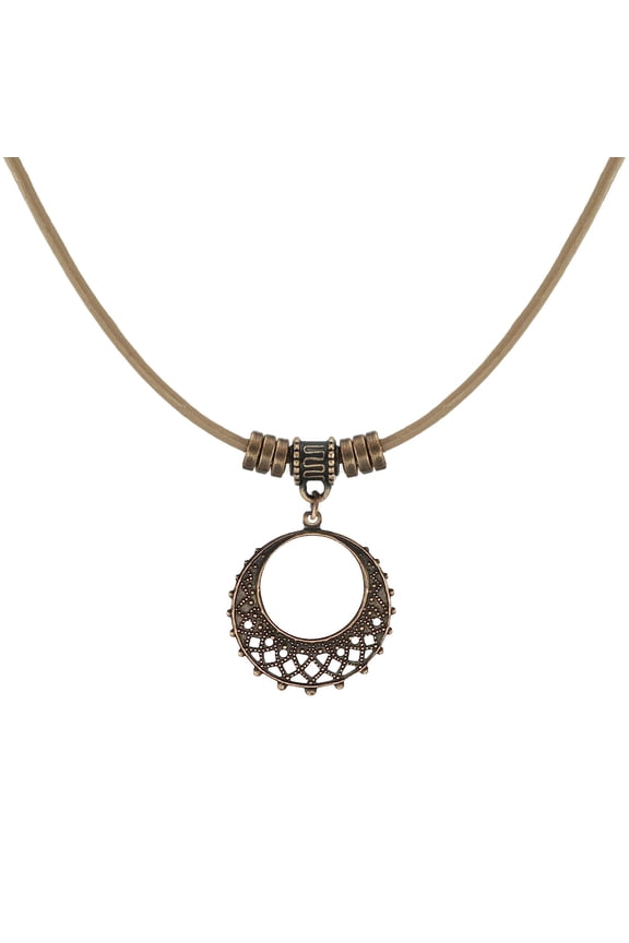 Boho Vintage Style Round Copper Filigree Pendant with Tan Leather Cord Necklace – 16 inch