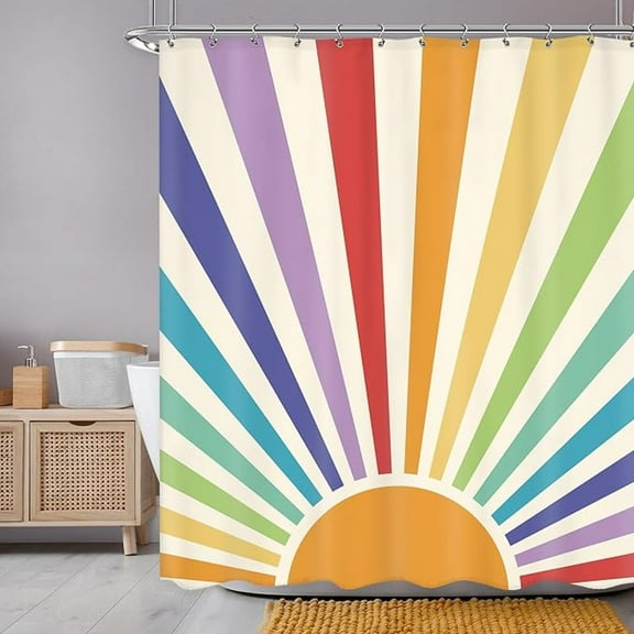 Boho Vintage Sun Shower Curtain Retro Rainbow Cute Sunshine Sunrise Sunset Colorful Abstract Shower Curtain Set Aesthetic Waterproof Bath Decoration Accessories Home Decor 72"W x 78"L
