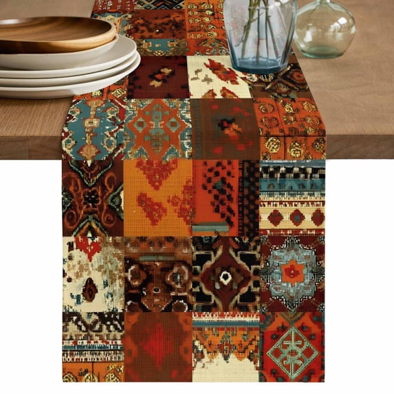 Boho Vintage Table Runner 36 Inches, Brown Ethnic Middle Century Geometric Bed Runner Dresser Scarves Tabletop for Indoor Outdoor Parties/Ceremony/Banquet, 13"x 36"