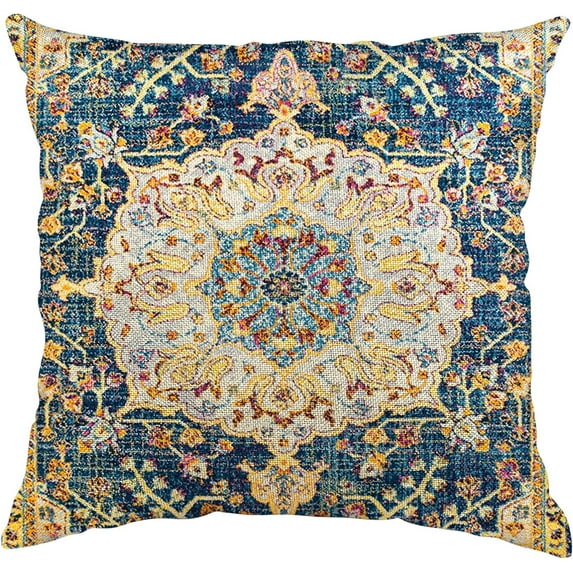 Boho Vintage Throw Pillow Cover 20x20 Inches Carpet Pattern Antique Denim Blue Ethnic Decorative Pillow Cases Home Decor Square Pillowcase